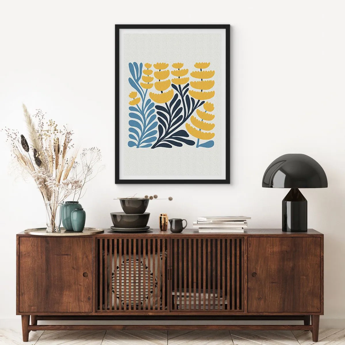 Plakát v černém rámu - Stylizované žluté a tmavě modré květy v minimalistickém stylu - 50x70cm - Sluneční záhon - Moderní nástěnná dekorace do obývacího pokoje a ložnice ARTTOR
