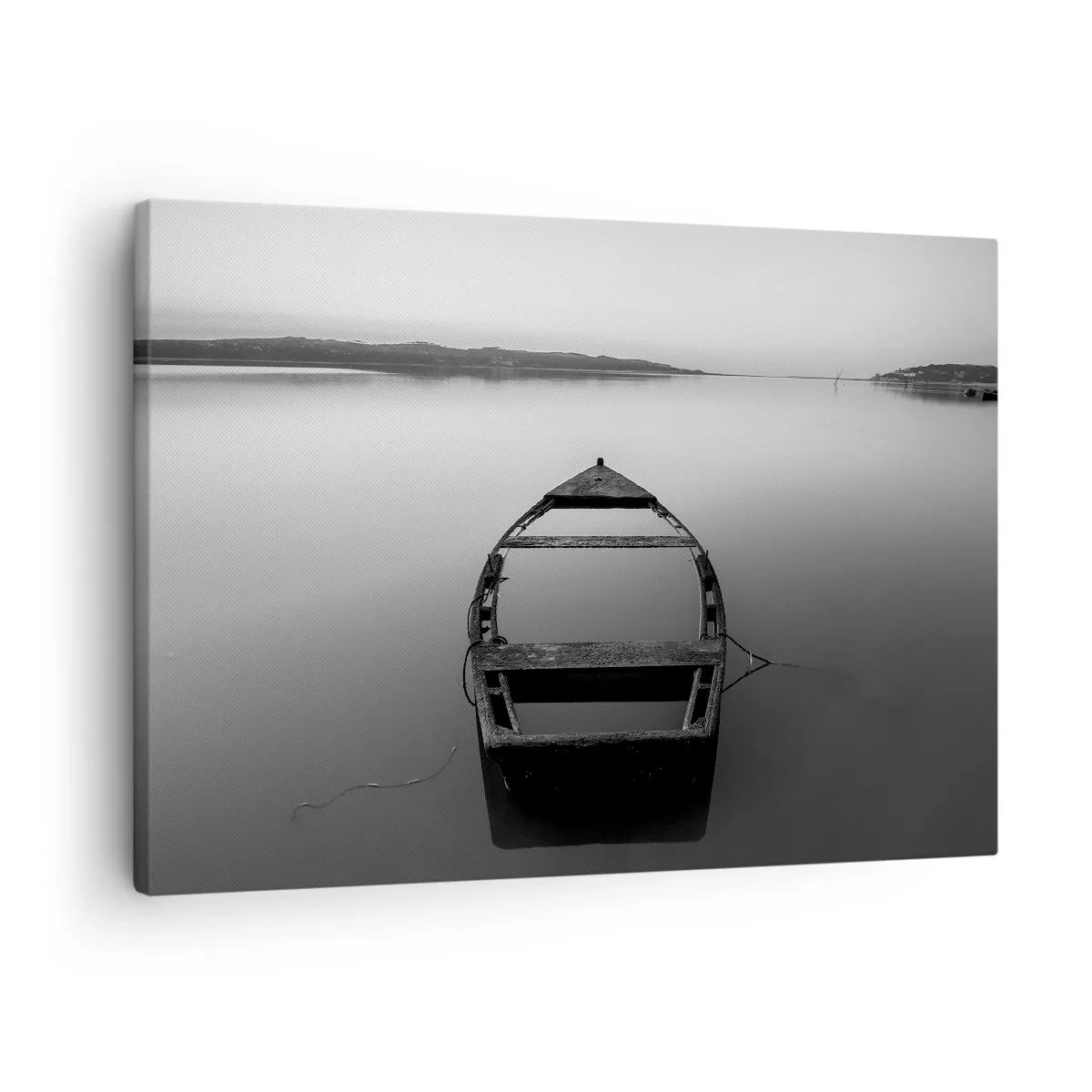 Obraz na plátně - Osamělá loď na klidném jezeře v odstínech černé a bílé - 70x50cm - Stesk a melancholie - Moderní nástěnná dekorace do obývacího pokoje a ložnice ARTTOR