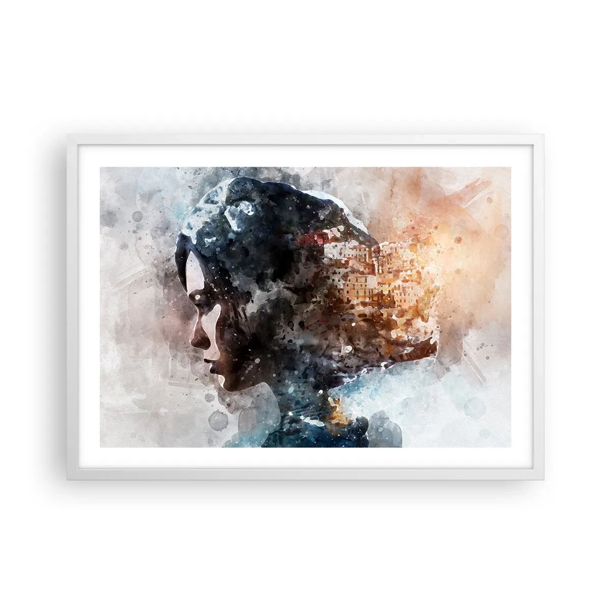 Plakát v bílém rámu - Příběh o dívce s městem v pozadí - 70x50 cm