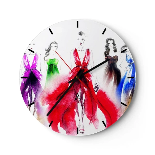 Nástěnné hodiny - Siluety žen v elegantních, barevných večerních šatech - 30x30cm - Nálada na kostýmy - Moderní nástěnná dekorace do obývacího pokoje, kuchyně a ložnice ARTTOR
