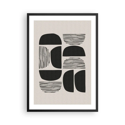 Plakát v černém rámu - Geometrická abstrakce s černými tvary a čarami - 50x70cm - Polovičaté soustavy - Moderní nástěnná dekorace do obývacího pokoje a ložnice ARTTOR