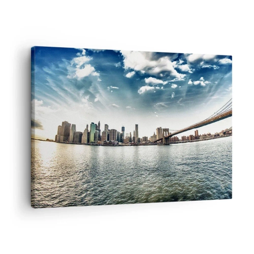 Obraz na plátně - Panorama města s mostem proti modré obloze - 70x50cm - Skleněný ostrov - Moderní nástěnná dekorace do obývacího pokoje a ložnice ARTTOR