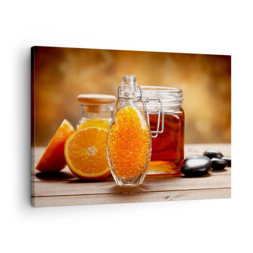 Obraz na plátně - Láhev jantarové tekutiny a čerstvé pomeranče - 70x50cm - Sluneční chutě a aromata - Moderní nástěnná dekorace do obývacího pokoje a ložnice ARTTOR