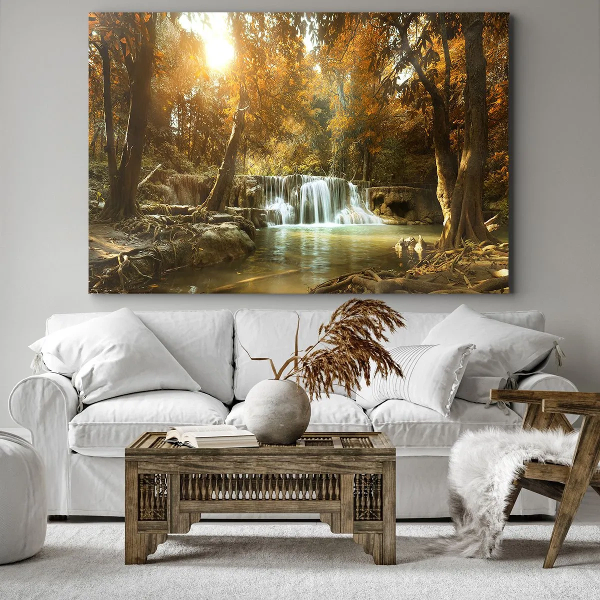 Obraz na plátně - Podzimní krajina s vodopádem - 70x50cm - Parkový vodopád - Moderní nástěnná dekorace do obývacího pokoje a ložnice ARTTOR