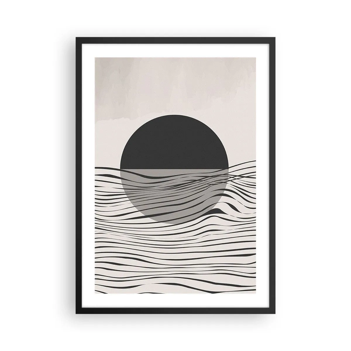 Plakát v černém rámu - Abstraktní západ slunce s vlnovými liniemi - 50x70cm - Poloviční kompozice - Moderní nástěnná dekorace do obývacího pokoje a ložnice ARTTOR