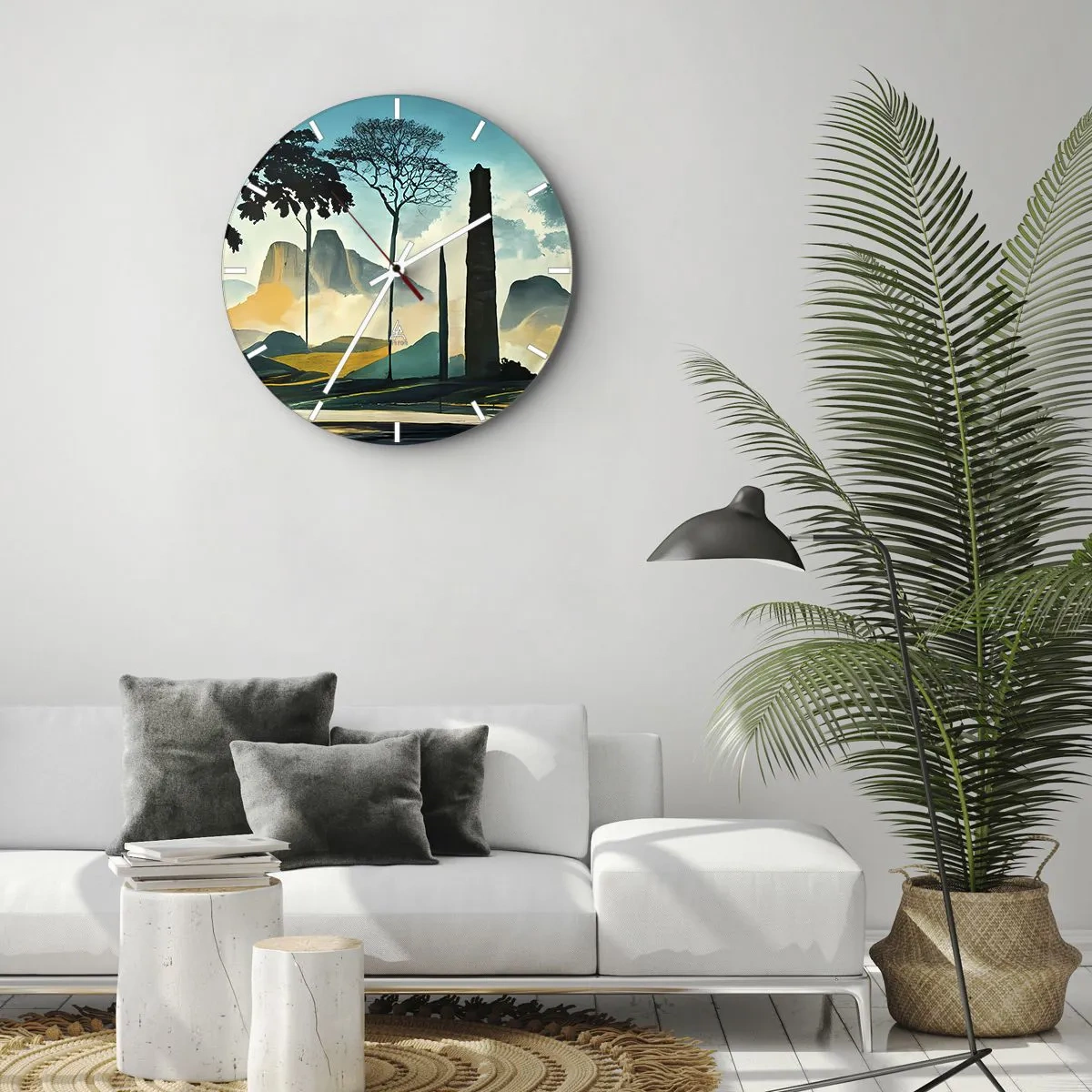 Nástěnné hodiny - Stromy a skalní útvary na pozadí hor ráno - 30x30cm - Výš a výš - Moderní nástěnná dekorace do obývacího pokoje, kuchyně a ložnice ARTTOR