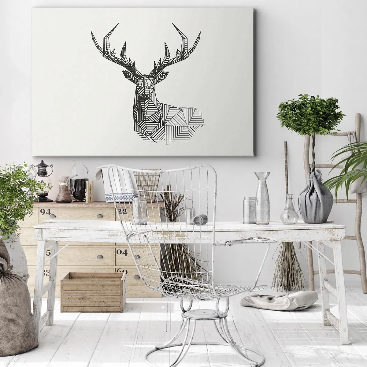 Obraz na plátně - Geometrický obraz jelena v minimalistickém černobílém stylu - 70x50cm - Jelen v kubistickém stylu - Moderní nástěnná dekorace do obývacího pokoje a ložnice ARTTOR