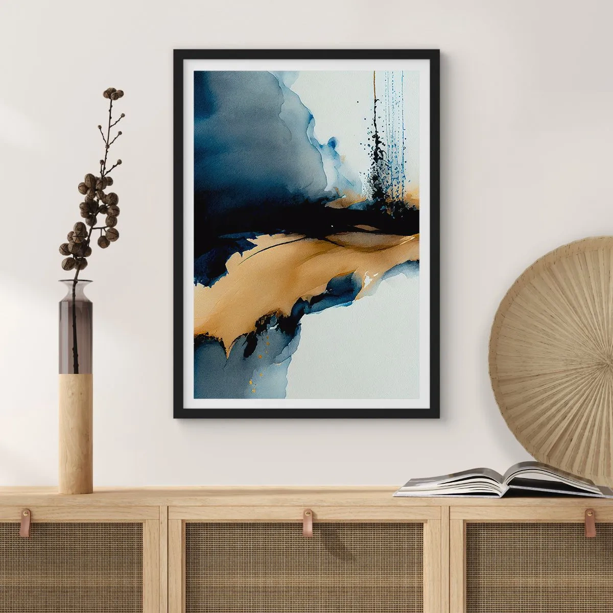 Plakát v černém rámu - Abstraktní kompozice v odstínech tmavě modré a zlaté - 50x70cm - Za závojem - Moderní nástěnná dekorace do obývacího pokoje a ložnice ARTTOR