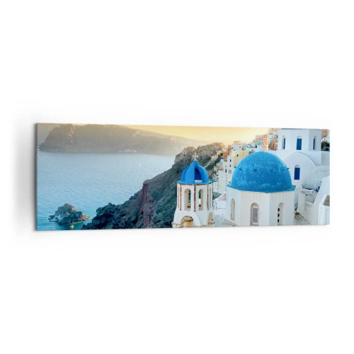 Obraz na plátně - Santorini - přitulené ke skalám - 160x50 cm