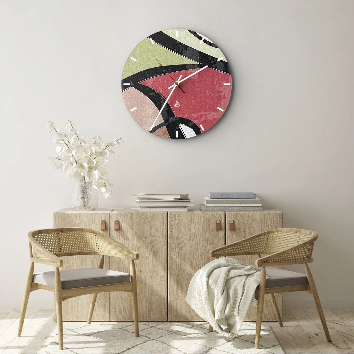Nástěnné hodiny - Barevné abstraktní tvary v pastelových tónech - 30x30cm - Piruety uprostřed barev - Moderní nástěnná dekorace do obývacího pokoje, kuchyně a ložnice ARTTOR