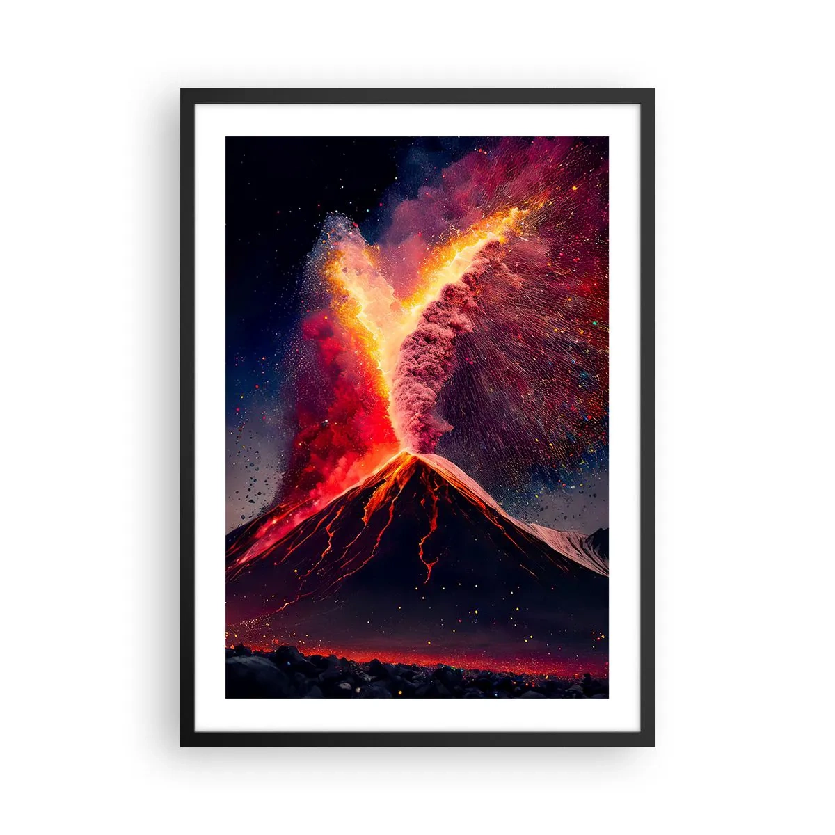 Plakát v černém rámu - Erupce sopky v noční krajině - 50x70cm - Krása a hrůza - Moderní nástěnná dekorace do obývacího pokoje a ložnice ARTTOR