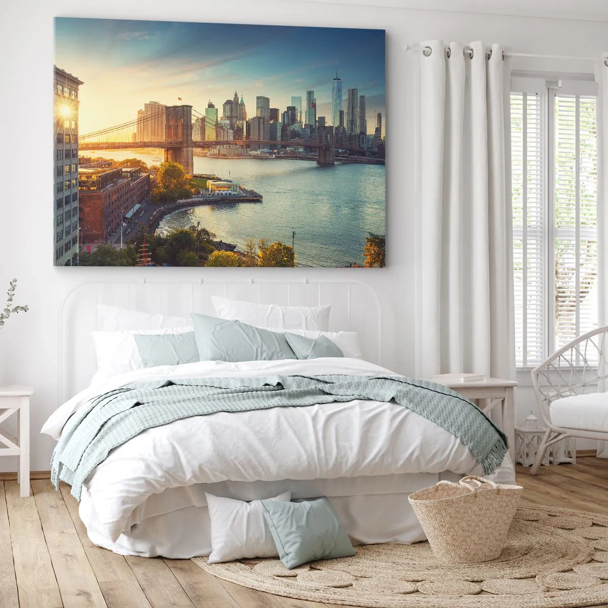 Obraz na plátně - Panorama města s mostem při západu slunce - 70x50cm - Svítání velkoměsta - Moderní nástěnná dekorace do obývacího pokoje a ložnice ARTTOR