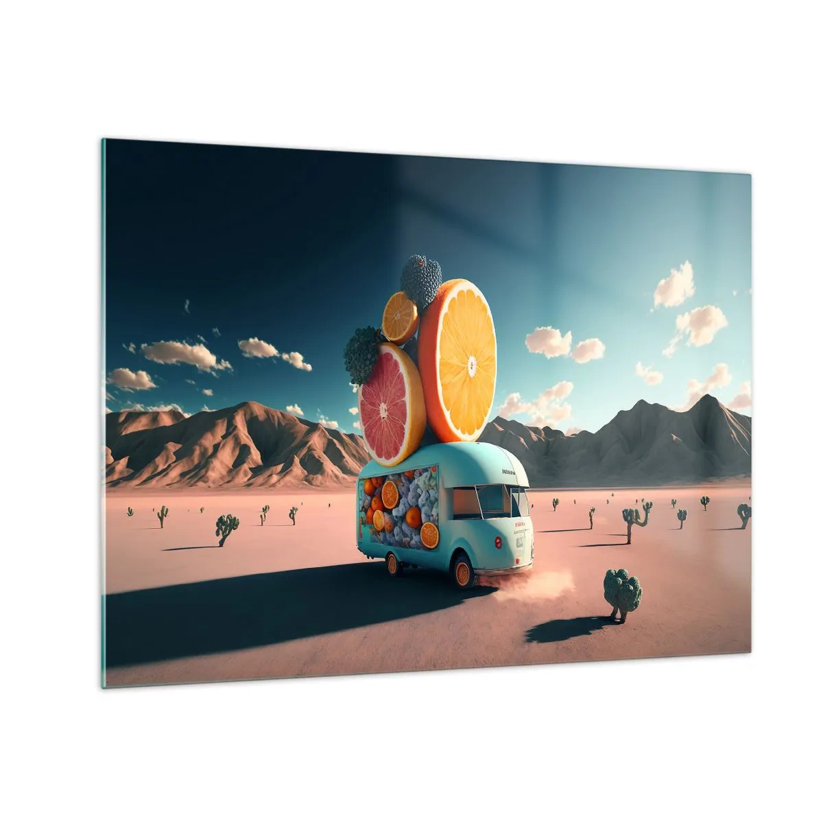 Obraz na skle - Tyrkysový karavan s ovocem na pozadí pouštní krajiny - 70x50cm - Chuť prázdnin - Moderní nástěnná dekorace do obývacího pokoje a ložnice ARTTOR
