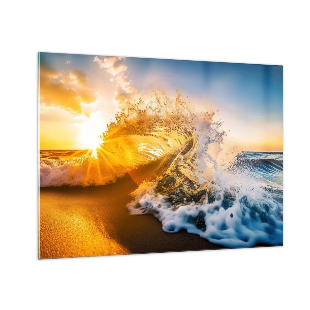 Obraz na skle - Vlna narážející na břeh, ozářená paprsky zapadajícího slunce - 70x50cm - Hra v písku - Moderní nástěnná dekorace do obývacího pokoje a ložnice ARTTOR