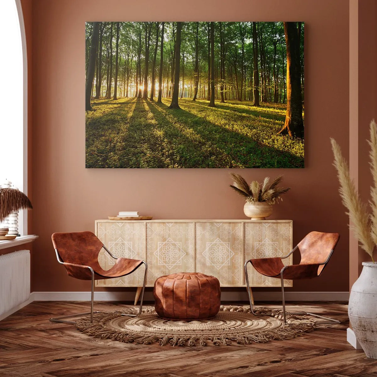 Obraz na plátně - Zapadající slunce v listnatém lese - 70x50cm - Fotografie všech jar - Moderní nástěnná dekorace do obývacího pokoje a ložnice ARTTOR