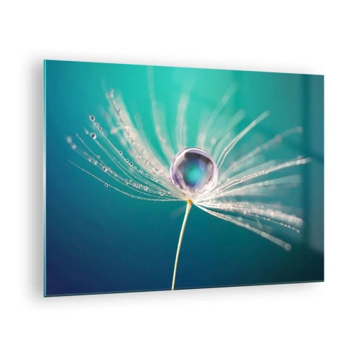 Obraz na skle - Makrofotografie semínka pampelišky s kapkou rosy na tyrkysovém pozadí - 70x50cm - Mystický okamžik - Moderní nástěnná dekorace do obývacího pokoje a ložnice ARTTOR