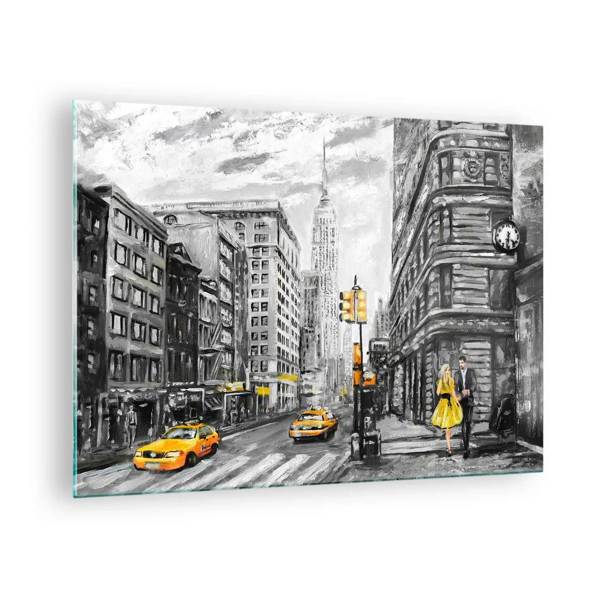 Obraz na skle - Ilustrace New Yorku v odstínech černé a bílé se žlutými akcenty. - 70x50cm - Newyorský příběh - Moderní nástěnná dekorace do obývacího pokoje a ložnice ARTTOR