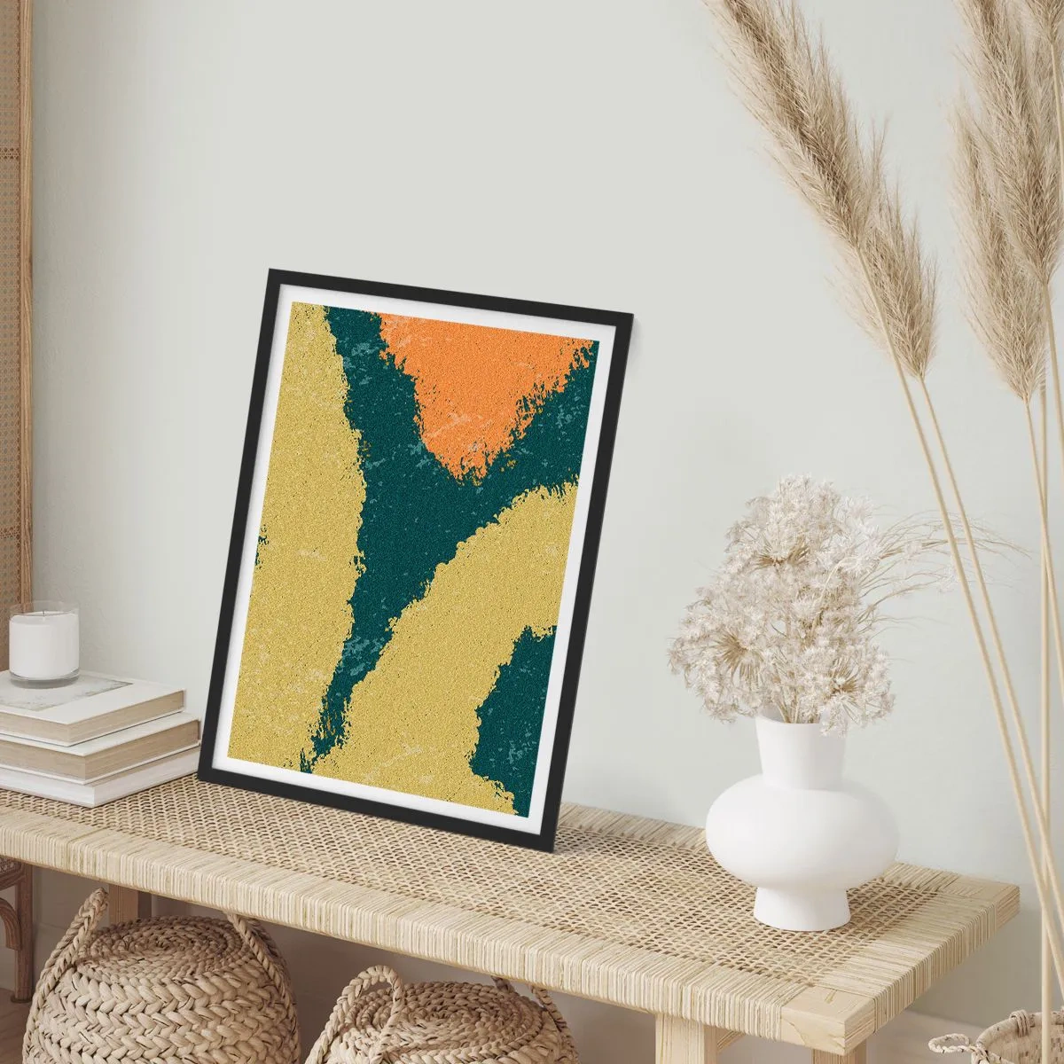 Plakát v černém rámu - Abstraktní barevné skvrny v odstínech zelené a oranžové - 50x70cm - Abstrakce – zpomalený pohyb - Moderní nástěnná dekorace do obývacího pokoje a ložnice ARTTOR