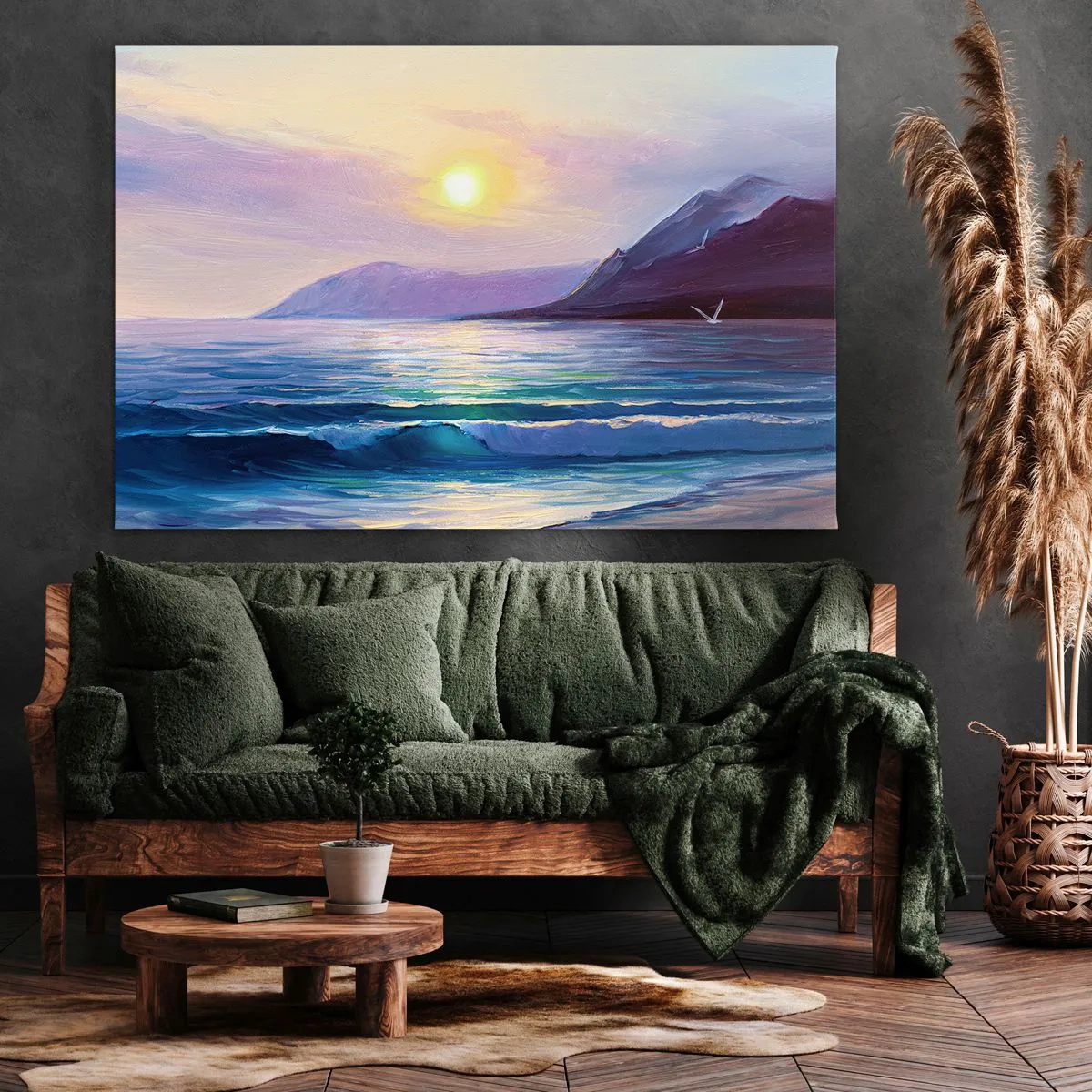 Obraz na plátně - Malebná přímořská krajina při západu slunce s vlnami a horami - 70x50cm - Křišťál vody a vzduchu - Moderní nástěnná dekorace do obývacího pokoje a ložnice ARTTOR