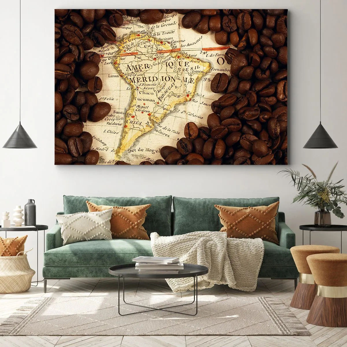 Obraz na plátně - Mapa Jižní Ameriky obklopená kávovými zrny. - 70x50cm - Odkud je nejlepší káva? - Moderní nástěnná dekorace do obývacího pokoje a ložnice ARTTOR