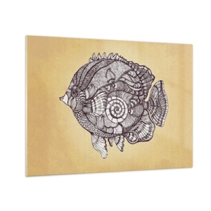 Obraz na skle - Kreslená ryba s ornamenty na béžovém pozadí - 70x50cm - Z oceánu ornamentů - Moderní nástěnná dekorace do obývacího pokoje a ložnice ARTTOR