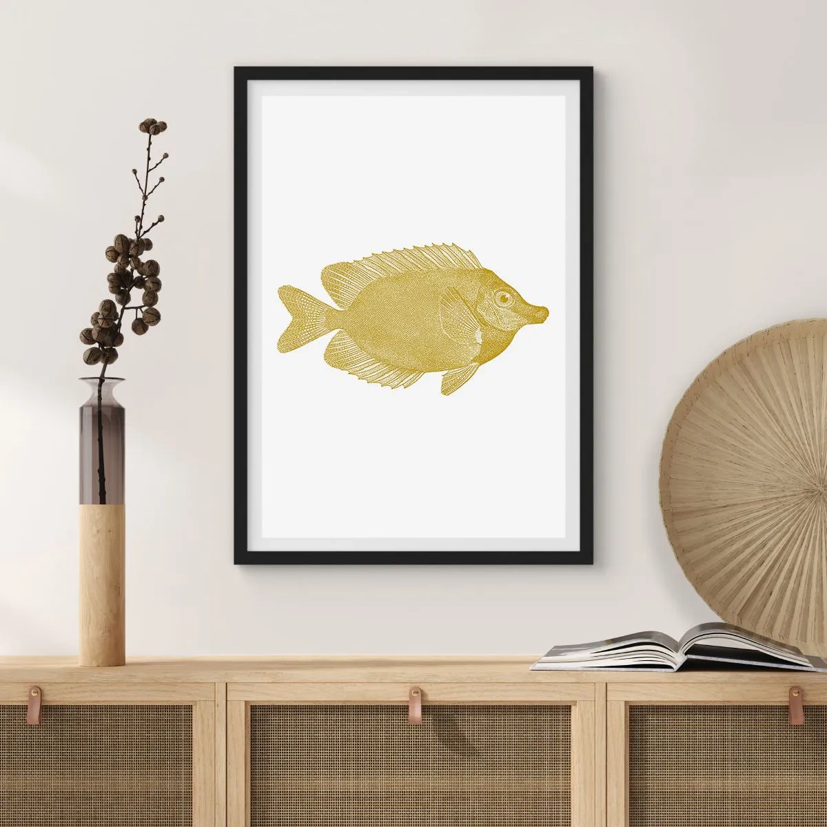 Plakát v černém rámu - Vintage zlaté rybky na bílém pozadí - 50x70cm - Prostě ryba - Moderní nástěnná dekorace do obývacího pokoje a ložnice ARTTOR