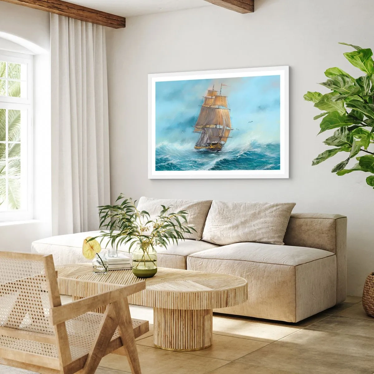 Plakát v bílém rámu - Běžící po vlnách - 100x70 cm