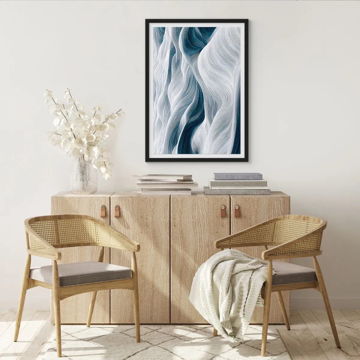Plakát v černém rámu - Abstraktní vlny v odstínech bílé a tmavě modré - 50x70cm - Bílé a modré vlny - Moderní nástěnná dekorace do obývacího pokoje a ložnice ARTTOR