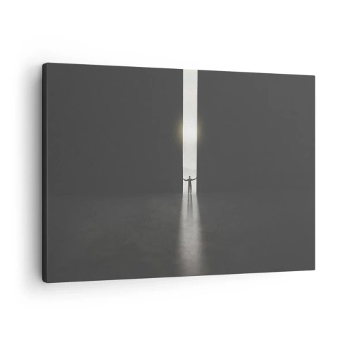 Obraz na plátně - Muž stojící ve světle úzké štěrbiny v tmavém prostoru - 70x50cm - Krok ke světlé budoucnosti - Moderní nástěnná dekorace do obývacího pokoje a ložnice ARTTOR