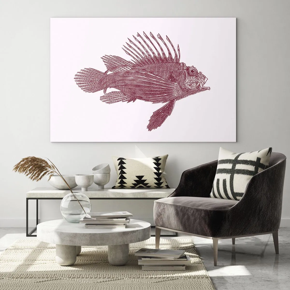 Obraz na skle - Náčrt exotické ryby v vínové barvě na světlém pozadí - 70x50cm - Obyvatelka exotických vod - Moderní nástěnná dekorace do obývacího pokoje a ložnice ARTTOR