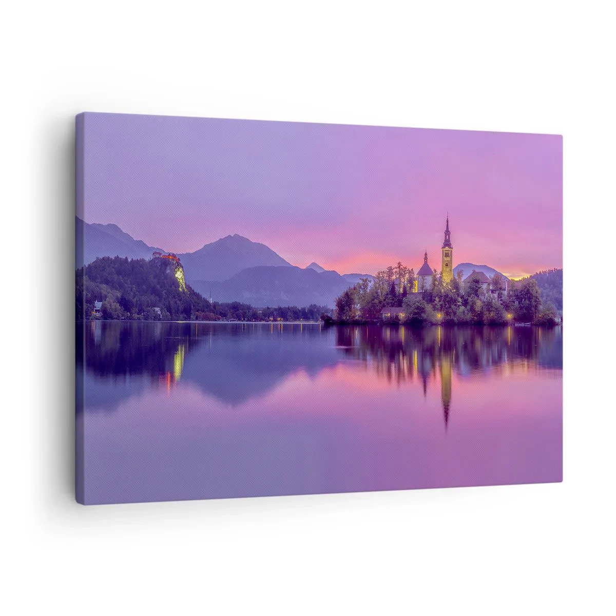 Obraz na plátně - Jezero s ostrovem a kostelem při západu slunce - 70x50cm - Pohádkový ostrov za soumraku - Moderní nástěnná dekorace do obývacího pokoje a ložnice ARTTOR