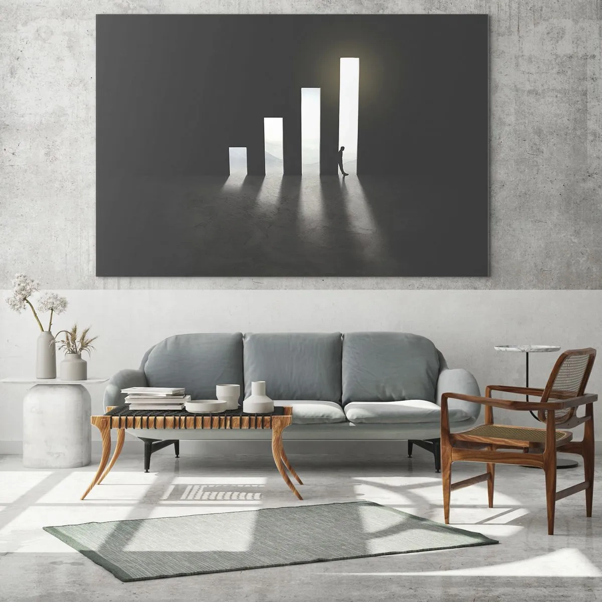 Obraz na skle - Muž ve světle růstu symbolizujícího rozvoj - 70x50cm - Úspěch – imprese - Moderní nástěnná dekorace do obývacího pokoje a ložnice ARTTOR