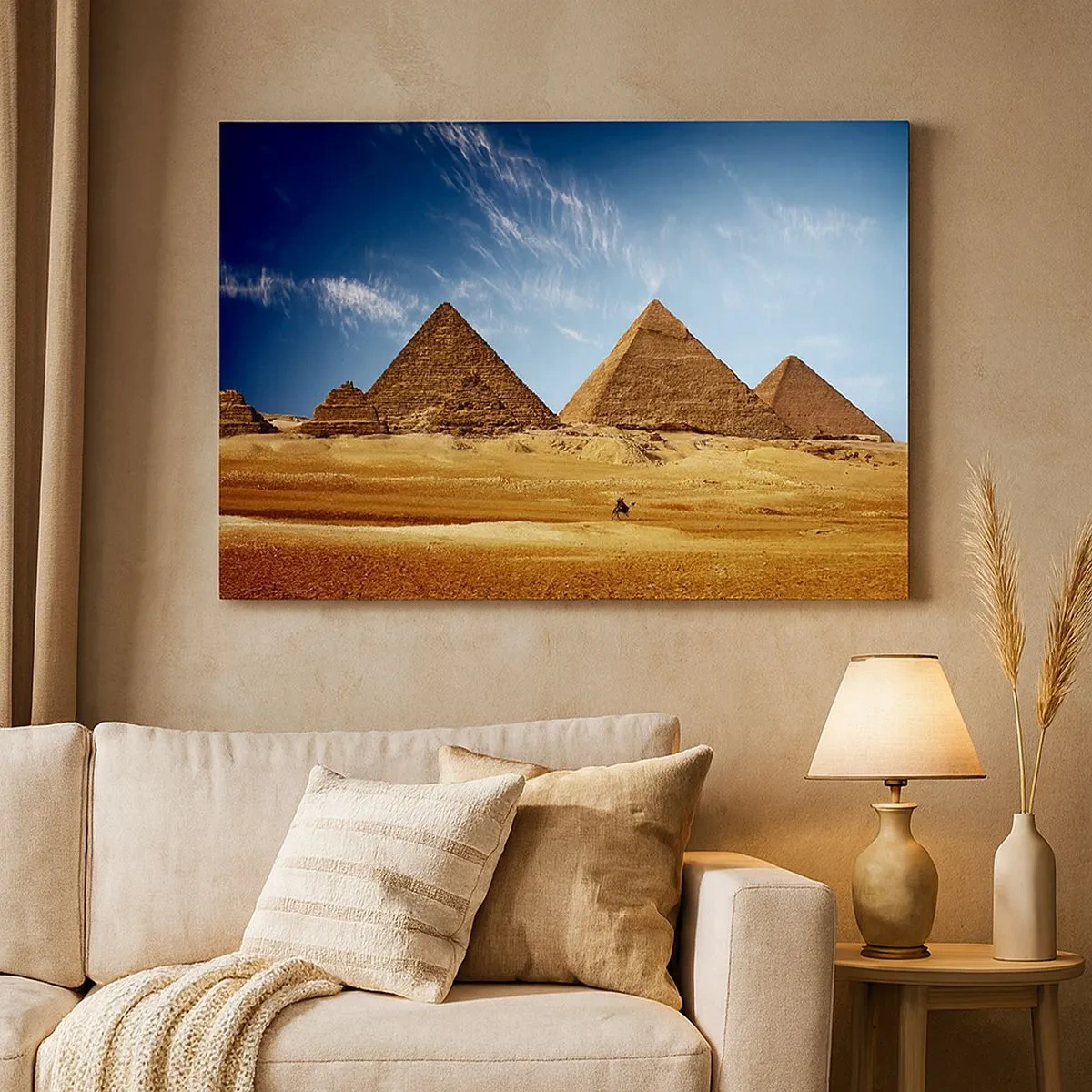 Obraz na plátně - Pyramidy v Gíze proti modré obloze a pouštní krajině - 70x50cm - 40 století se na vás dívá - Moderní nástěnná dekorace do obývacího pokoje a ložnice ARTTOR