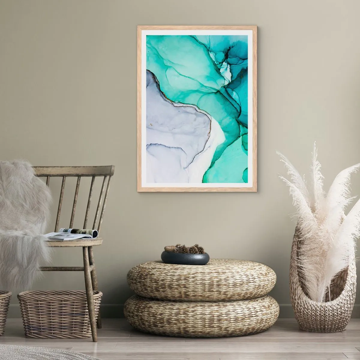 Plakát v rámu světlý dub - Studie v tyrkysové - 50x70 cm