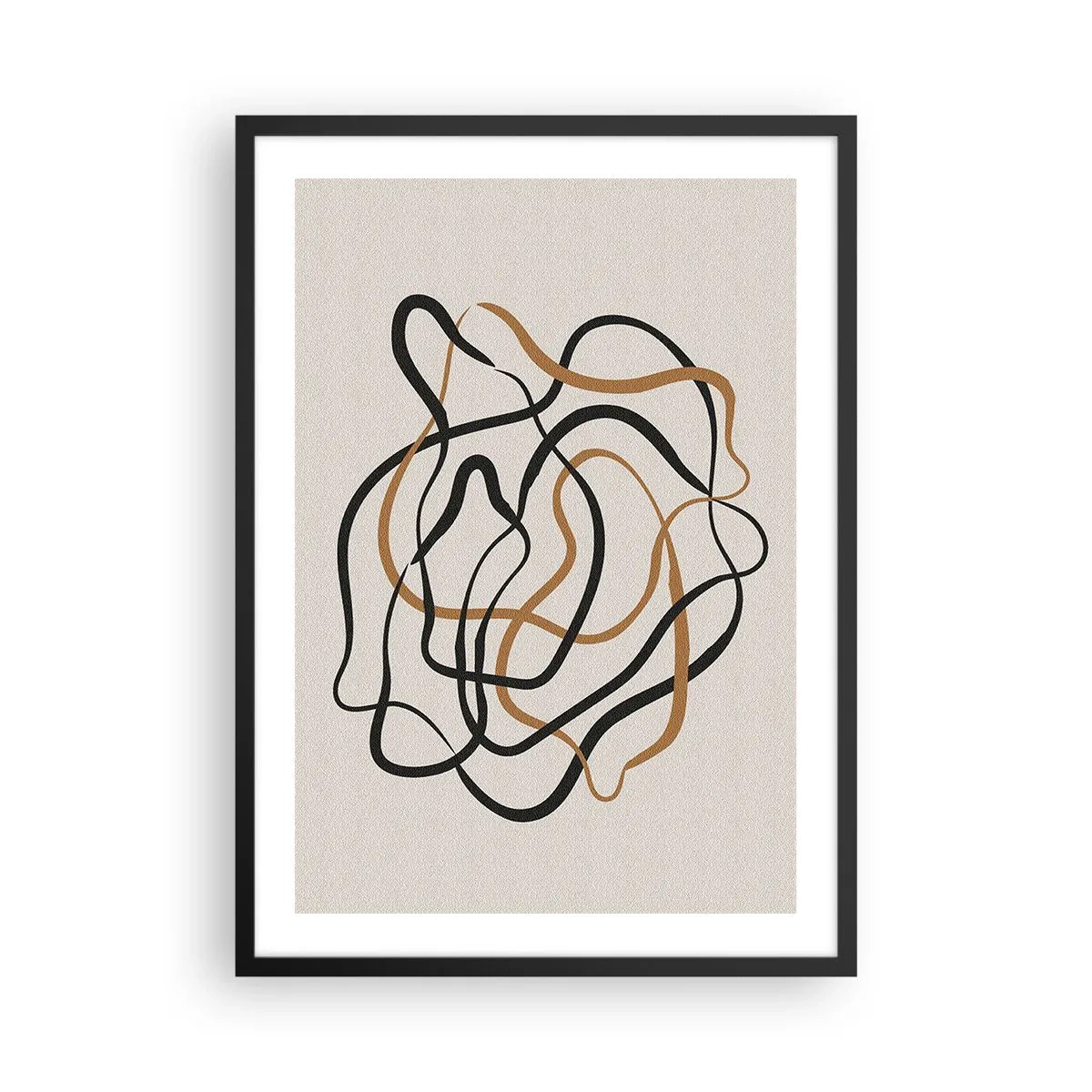 Plakát v černém rámu - Abstraktní zamotané čáry v černé a zlaté barvě na béžové - 50x70cm - Všechno se pokroutilo - Moderní nástěnná dekorace do obývacího pokoje a ložnice ARTTOR