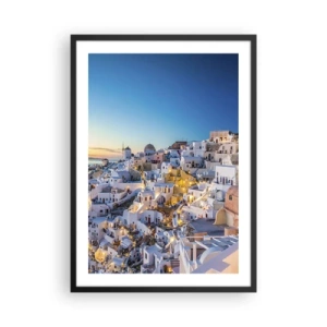 Plakát v černém rámu - Pohled na osvětlené domy na Santorini při západu slunce - 50x70cm - Esence Řecka - Moderní nástěnná dekorace do obývacího pokoje a ložnice ARTTOR