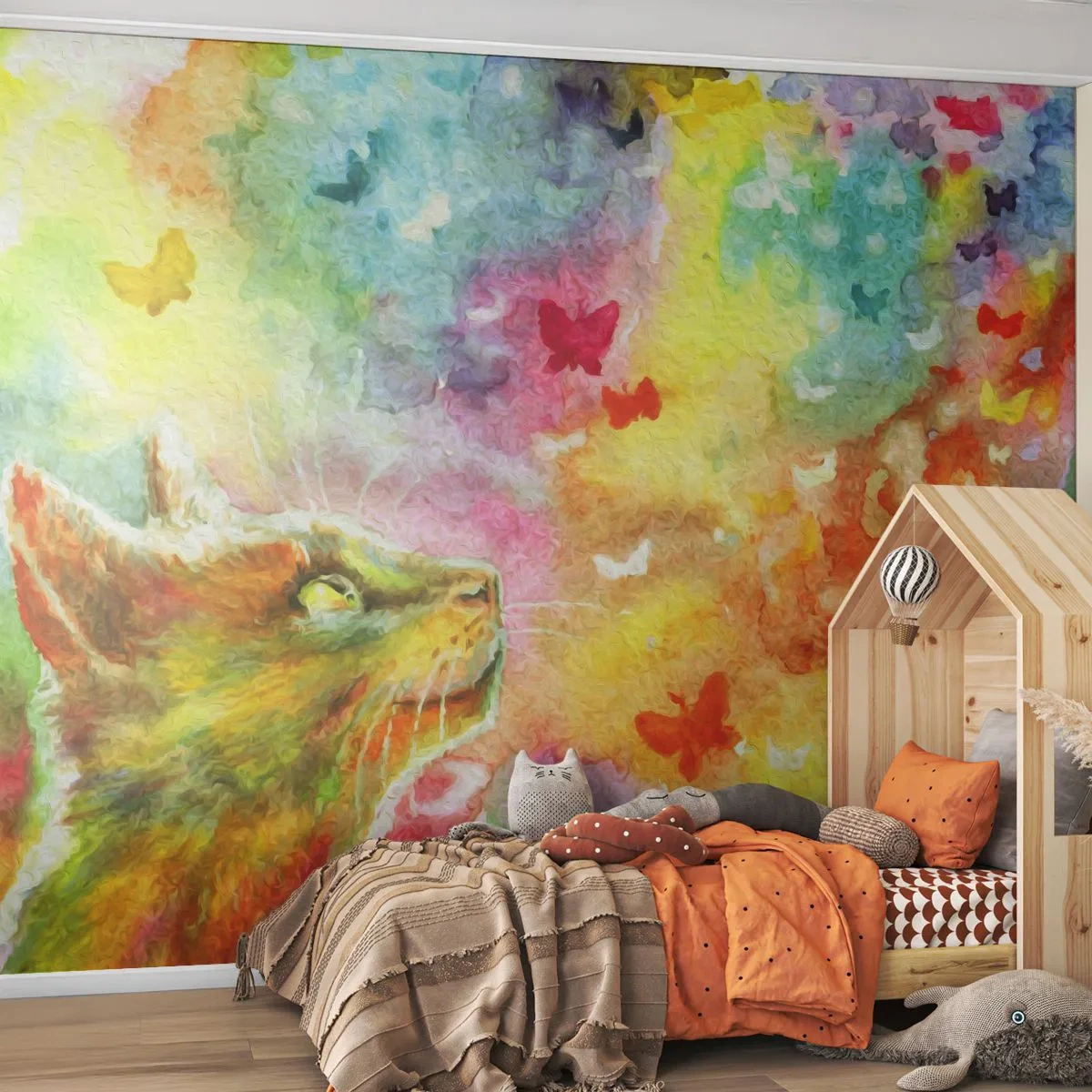 Fototapeta Premium Canvas - Vymýšlí nesmysly v kočičím ráji - Zvířata, Kočka, Motýl - 250x175 cm