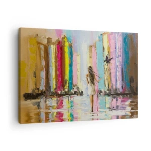 Obraz na plátně - Barevné město a žena v bílých šatech s ptákem - 70x50cm - Pojď se mnou - Moderní nástěnná dekorace do obývacího pokoje a ložnice ARTTOR