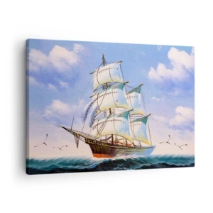 Obraz na plátně - Plachetnice na otevřeném moři pod modrou oblohou - 70x50cm - Hrdě s větrem - Moderní nástěnná dekorace do obývacího pokoje a ložnice ARTTOR