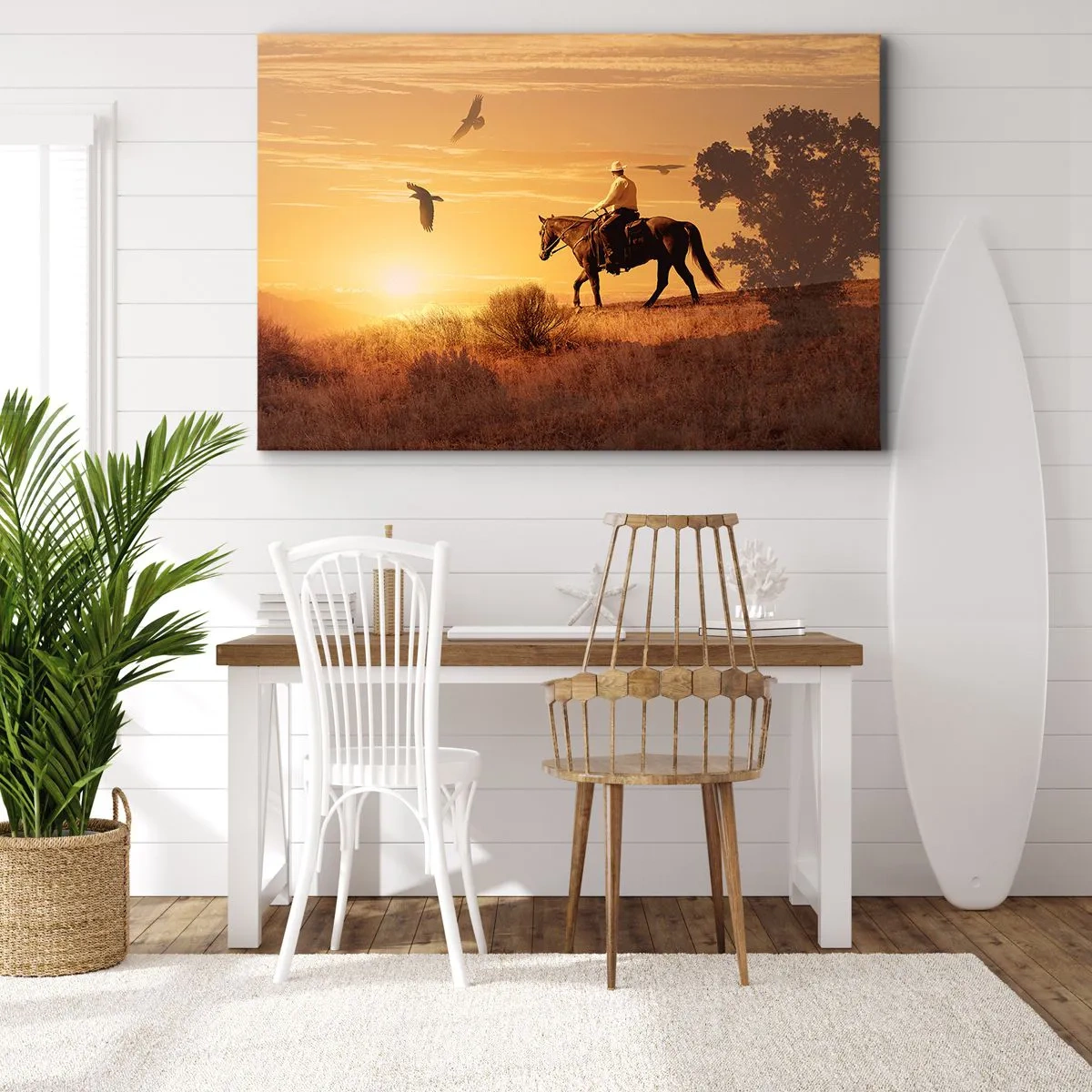 Obraz na plátně - Jezdec na koni při západu slunce proti prérii - 70x50cm - Sám prérií - Moderní nástěnná dekorace do obývacího pokoje a ložnice ARTTOR