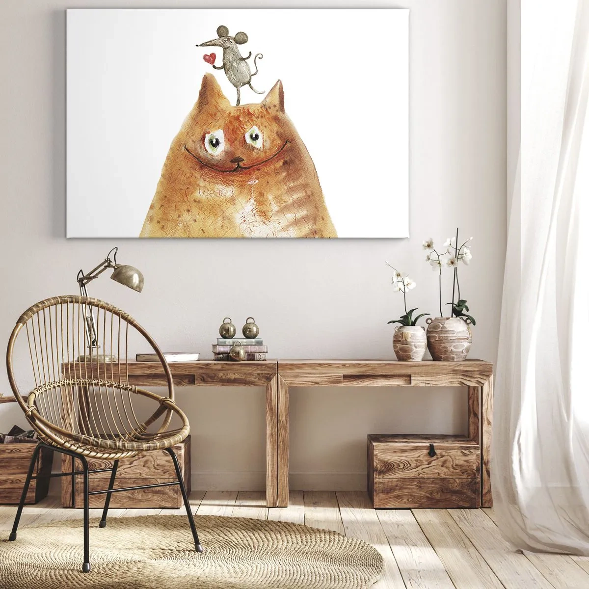 Obraz na plátně - Kresba kočky s myší na hlavě, která drží srdce - 70x50cm - Paradoxy lásky - Moderní nástěnná dekorace do obývacího pokoje a ložnice ARTTOR
