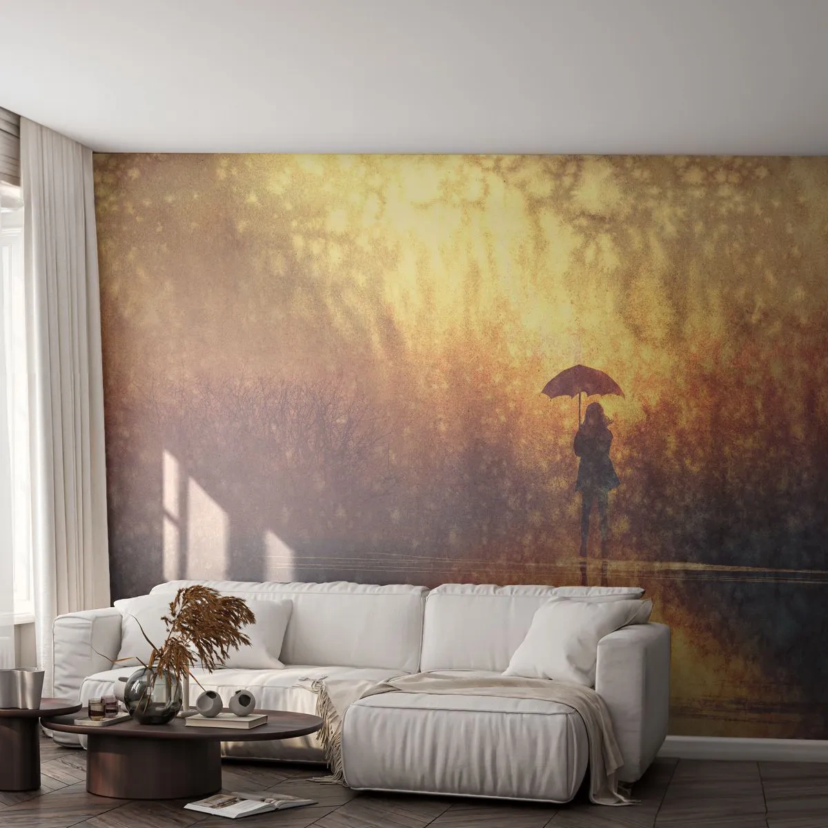 Fototapeta Premium Sand - Cítím, že se na mě někdo dívá - Abstrakce, Žena, Procházka v dešti - 100x70 cm