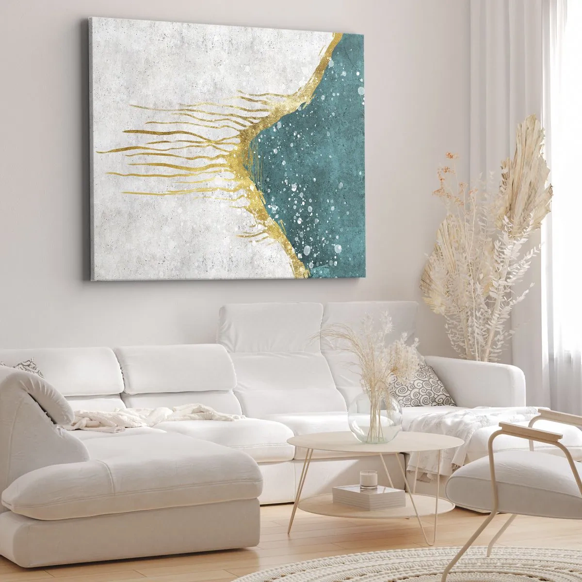 Obraz na plátně - Abstraktní kompozice v odstínech zlaté a tyrkysové - 70x50cm - Zlatý příliv - Moderní nástěnná dekorace do obývacího pokoje a ložnice ARTTOR