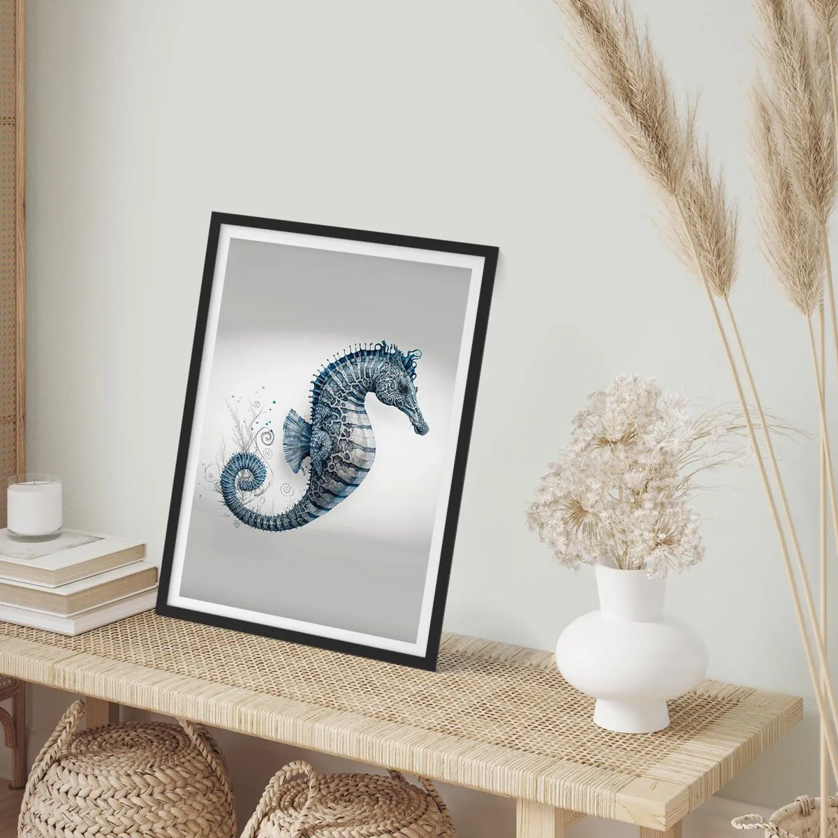 Plakát v černém rámu - Detailní ilustrace mořského koníka na světlém pozadí - 50x70cm - Jemný vtip přírody - Moderní nástěnná dekorace do obývacího pokoje a ložnice ARTTOR