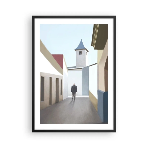 Plakát v černém rámu - Minimalistická ulice s osamělým kolemjdoucím - 50x70cm - Slunečná procházka - Moderní nástěnná dekorace do obývacího pokoje a ložnice ARTTOR