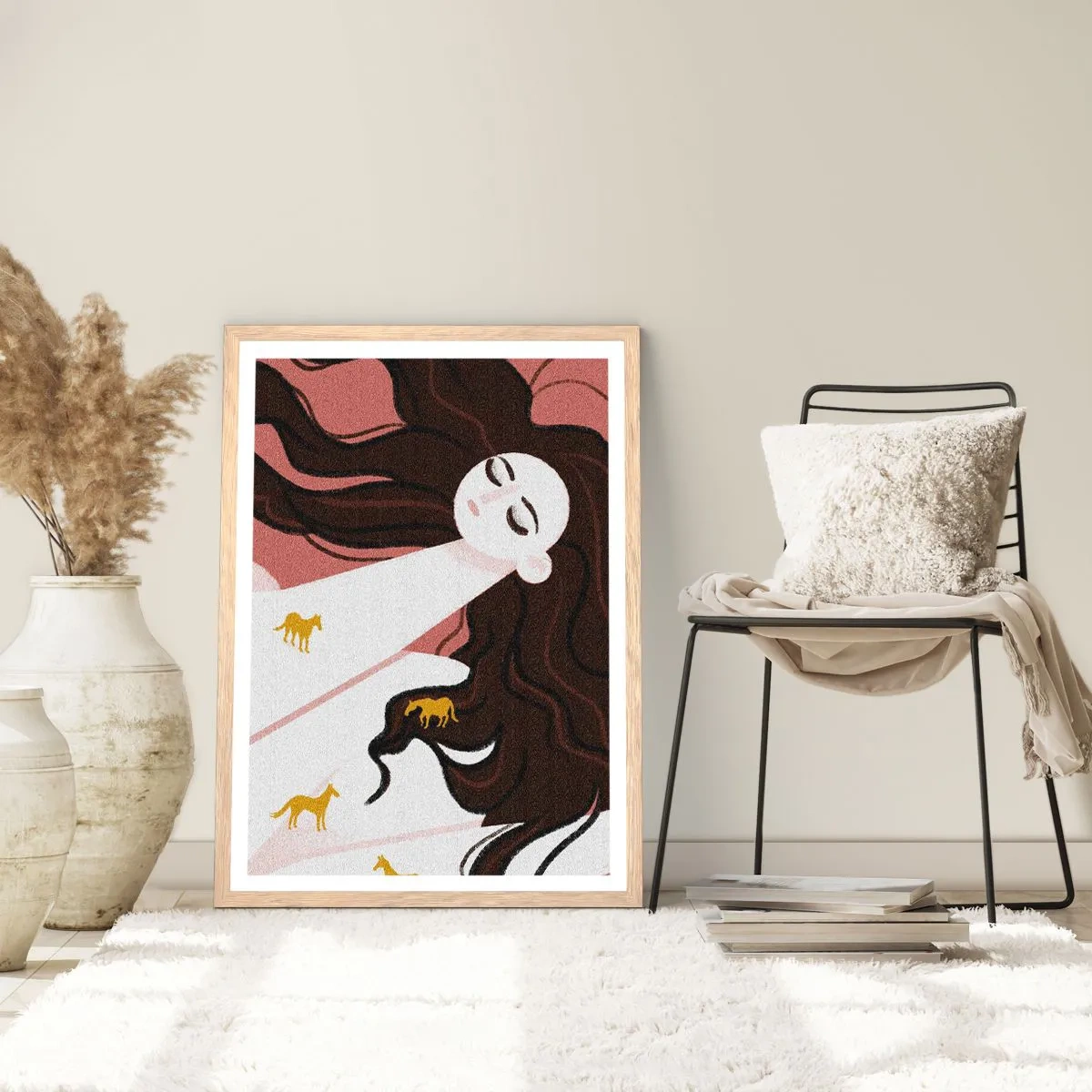 Plakát v rámu světlý dub - Sen o zlatém koni - 70x100 cm