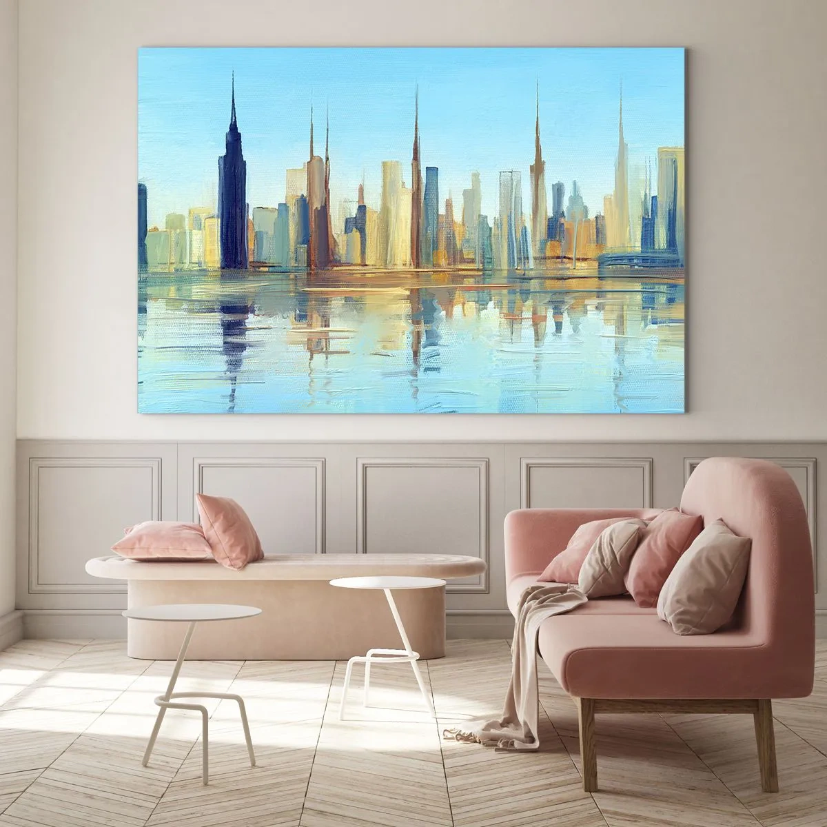 Obraz na skle - Panorama metropole odrážející se ve vodě pod modrou oblohou - 70x50cm - Prosluněná metropole - Moderní nástěnná dekorace do obývacího pokoje a ložnice ARTTOR