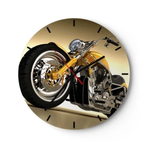 Nástěnné hodiny - Stylový motocykl v odstínech zlaté a chromové - 30x30cm - Sen o síle a rychlosti - Moderní nástěnná dekorace do obývacího pokoje, kuchyně a ložnice ARTTOR