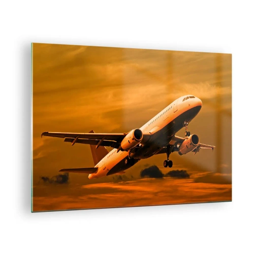 Obraz na skle - Letadlo vzlétá proti oranžové obloze - 70x50cm - Let směrem ke slunci - Moderní nástěnná dekorace do obývacího pokoje a ložnice ARTTOR