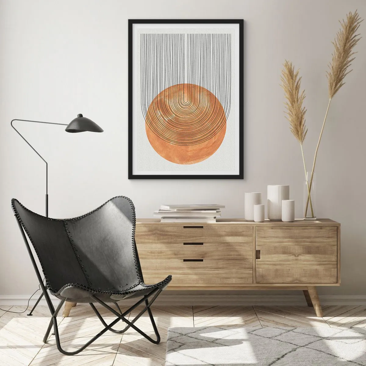Plakát v černém rámu - Geometrická abstrakce v zemitých tónech - 50x70cm - Slunečná kompozice - Moderní nástěnná dekorace do obývacího pokoje a ložnice ARTTOR
